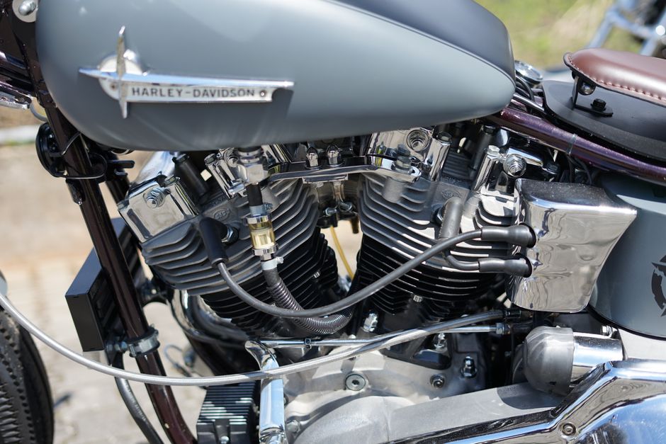 Detailed view of a Harley-Davidson motorcycle engine displaying intricate parts and design.