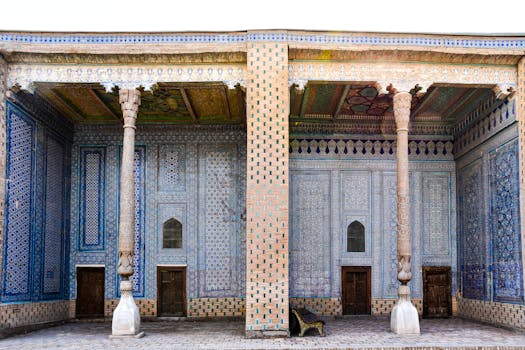 A detailed view of the intricate mosaic exterior of Toshhovli Palace in Khiva, Uzbekistan.