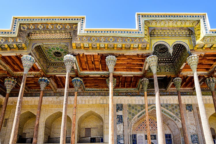 Decorative Wooden Columns In Front Of The Entrance To The Historic Bolo Haouz Mosque In Bukhara Uzbekistan