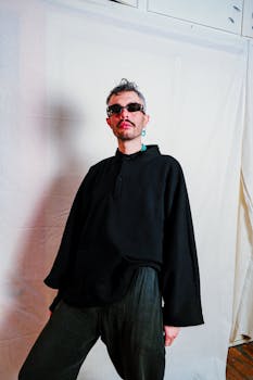 Fashionable man with sunglasses in a black outfit posing indoors.