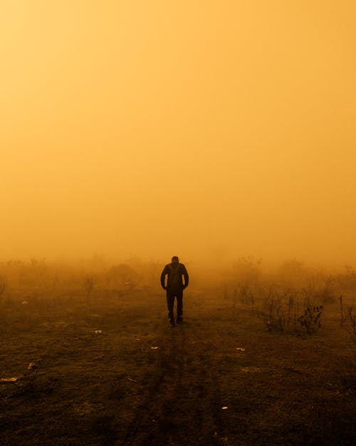 Silhouette of a Man Walking on Desert 