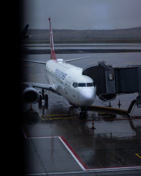An airliner parked at the gate on a rainy day at the airport, ready for boarding.