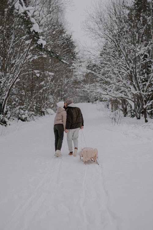 Couple Walking with a Dog in a Forest in Winter