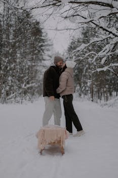 Couple enjoying a snowy forest walk with a sled during winter.