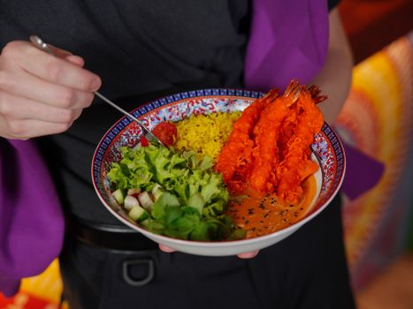 Butterfly Shrimp with Purple Rice and Stir-Fried Mixed Vegetables