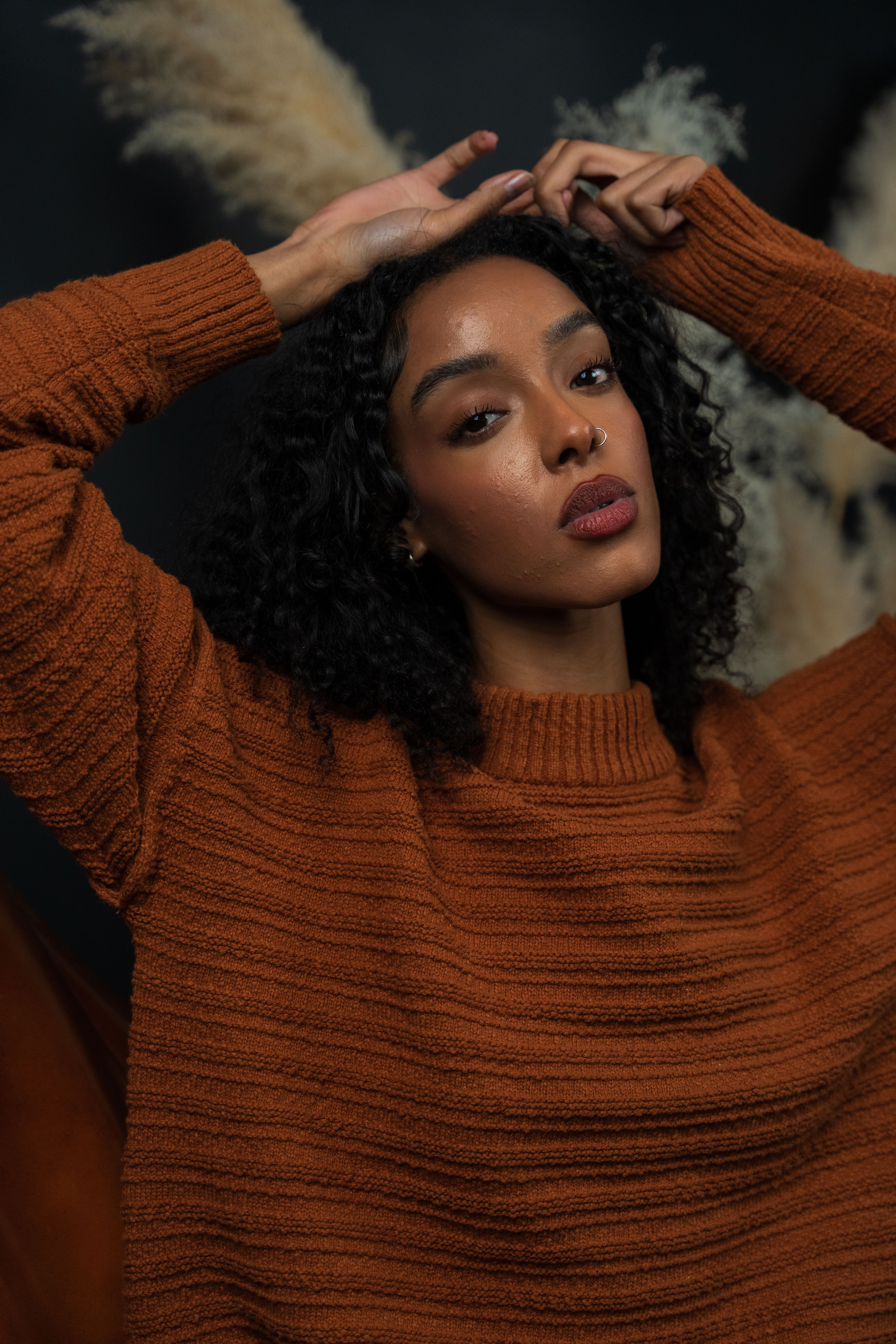 Rust ribbed knit midi dress