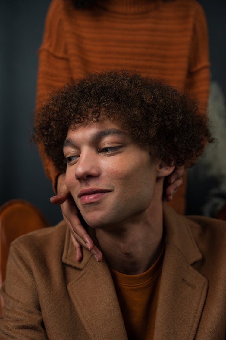 Woman Hand Touching Smiling Man