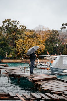A person with an umbrella stands on a rustic pier amid boats in a rainy autumn harbor scene.
