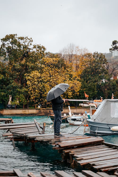 Person with Umbrella in Harbor