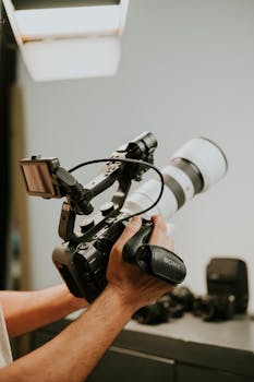 Close-up of a professional holding a camera with advanced equipment indoors.