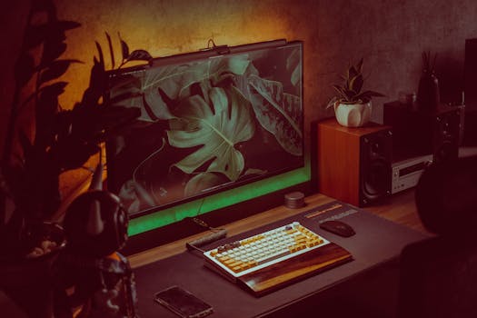 Stylish home office setup with a monitor, keyboard, and plants creating a cozy working environment.