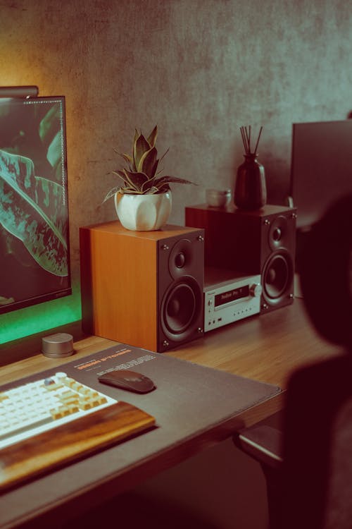 A Computer and a Speaker Set on the Desk 