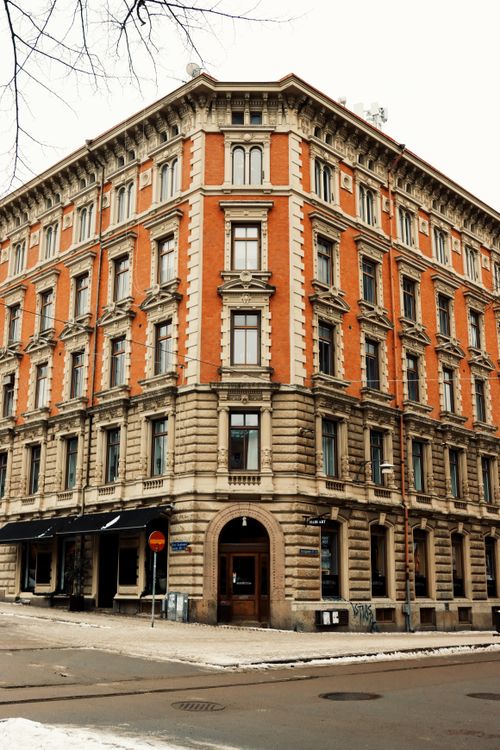 Free Corner view of a historic building in snowy Gothenburg, Sweden. Stock Photo