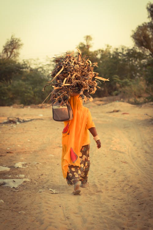 Back View of a Woman Head-Carrying Firewood in a Sandy Landscape