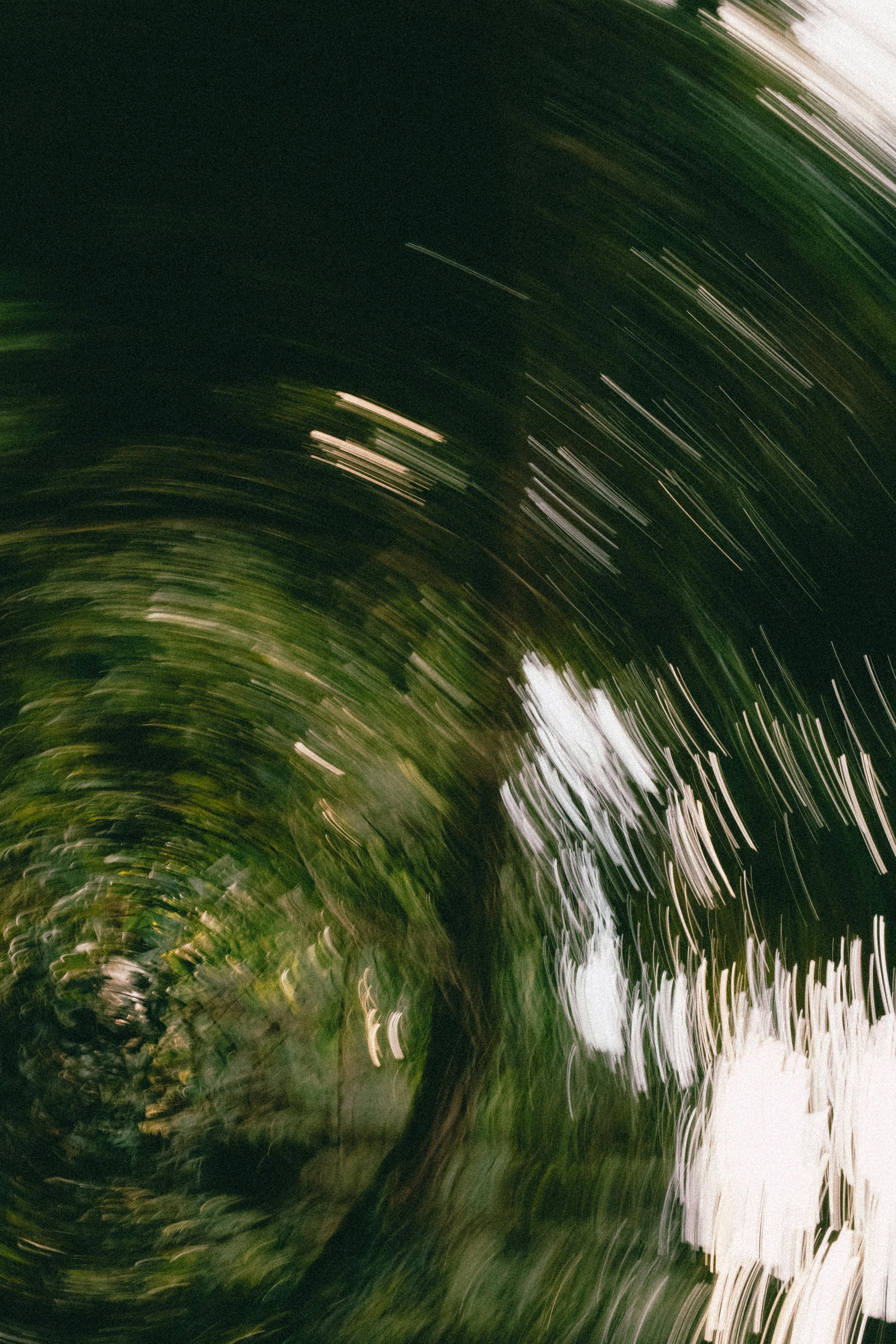 Abstract long exposure of swirling green foliage creating a vortex effect.