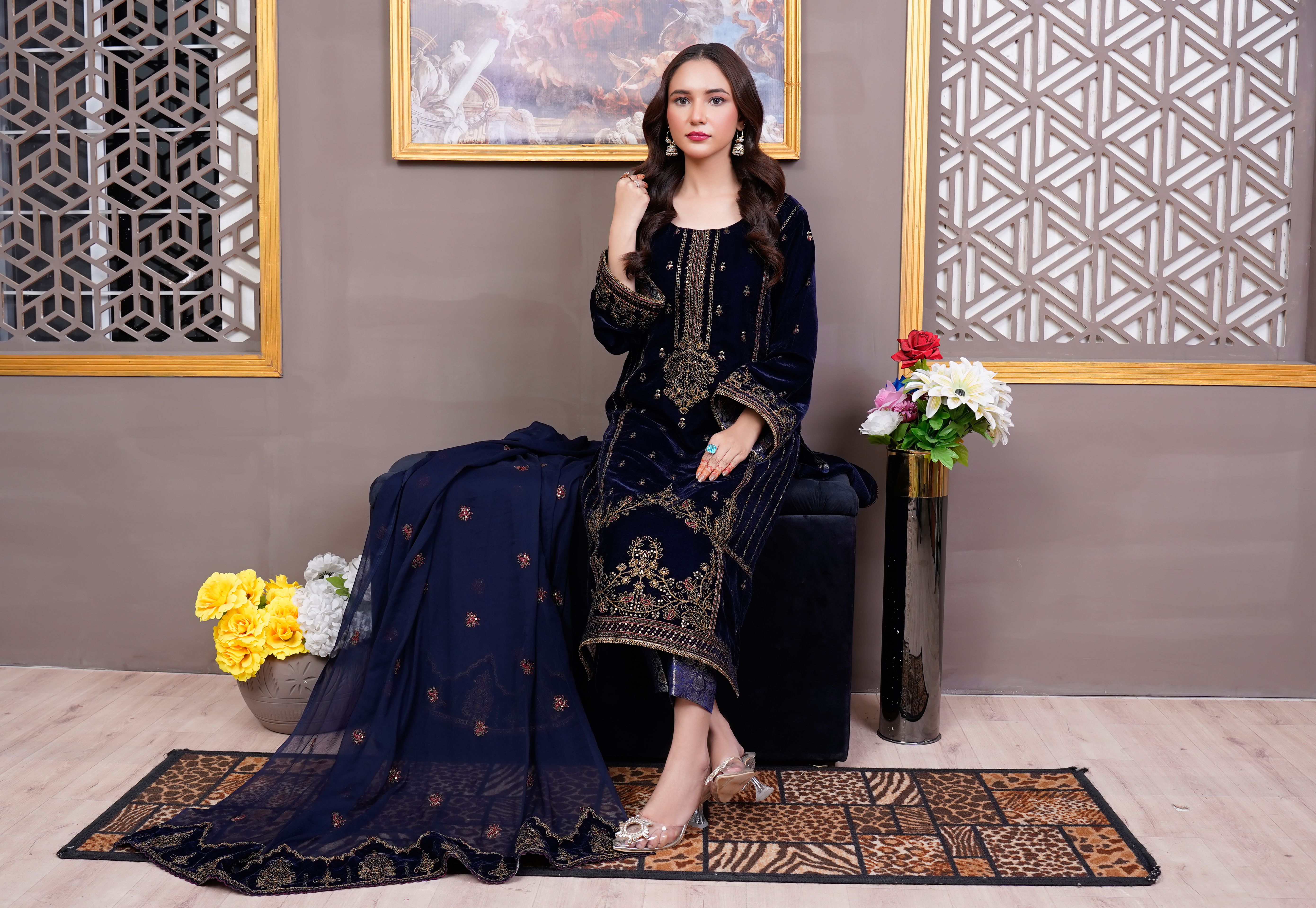 green emerald velvet dress Middle Eastern Fashion Classic Fragmented Flower Dress  Rissaintco.us
