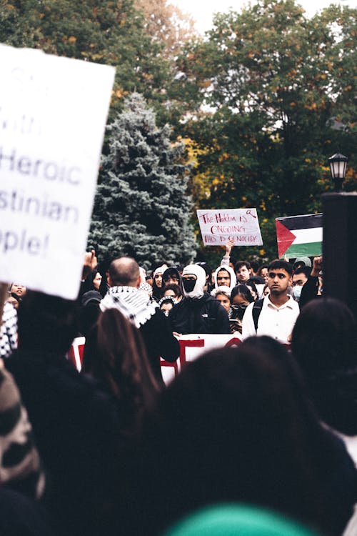 Crowd Protesting with a Palestinian Flag