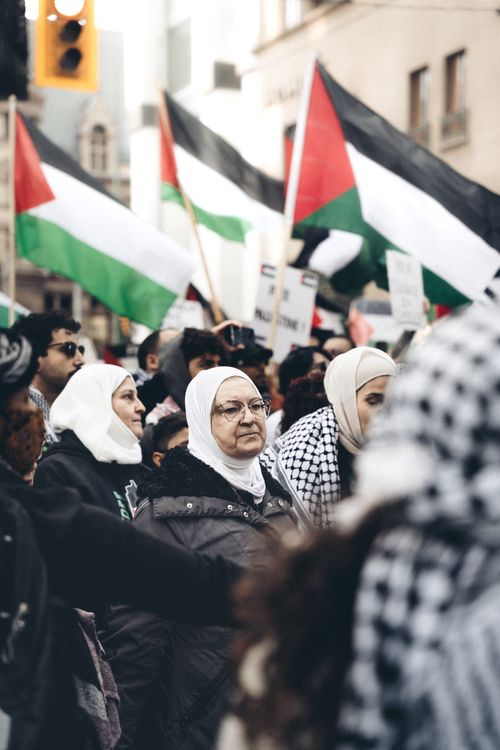 Free A diverse group protesting with Palestinian flags on city streets. Stock Photo