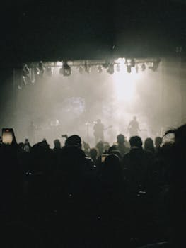 Vibrant live concert with band silhouettes and energetic crowd in black and white ambiance.