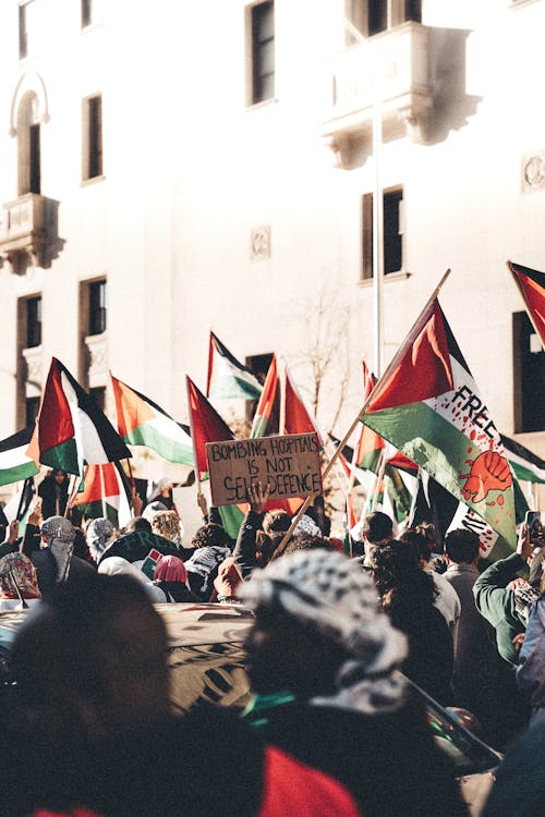 Crowd with Flags of Palestine on Manifestation