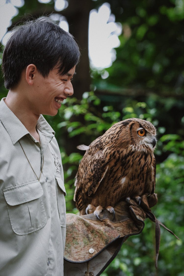 Owl Perching On Mans Arm