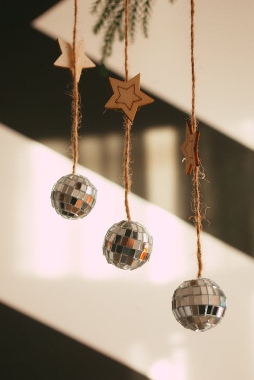 Wooden Stars and Mirror Baubles for Christmas Decoration