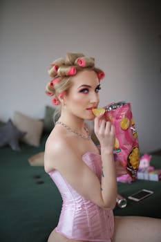 Elegant woman with hair rollers enjoying a snack indoors. Vibrant and stylish portrait.