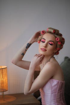 Elegant woman in vintage setting with pink curlers and makeup posing indoors.