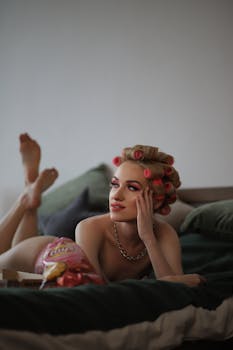 A woman with hair rollers lounges on a bed with snacks, epitomizing relaxation.