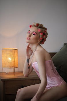 Chic woman in pink outfit with vintage hair curlers, exuding glamour in an indoor setting.