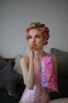 Young woman with curlers enjoys a snack, elegantly posing indoors. Stylish and fashionable.