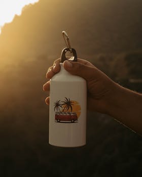 A hand holding a water bottle with a minivan design under a warm sunset, evoking adventure.