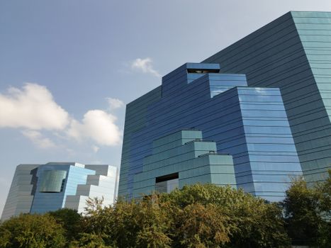 Contemporary glass buildings with unique geometrical shapes in Plymouth, Minnesota.