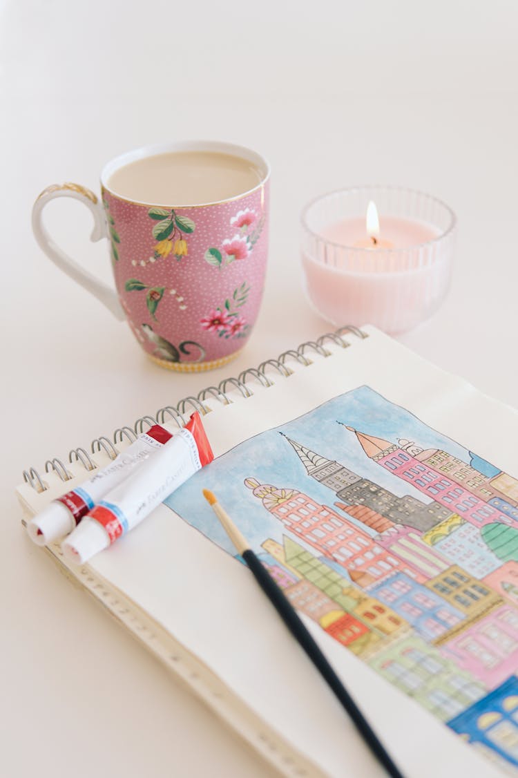 Mug Of Coffee And Scented Candle By Watercolor Painting