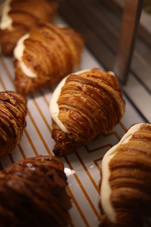 Free Delicious, freshly baked croissants displayed in a bakery showcase. Stock Photo