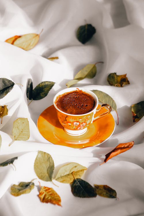 Decorated Coffee Cup on a Saucer Among Autumn Leaves