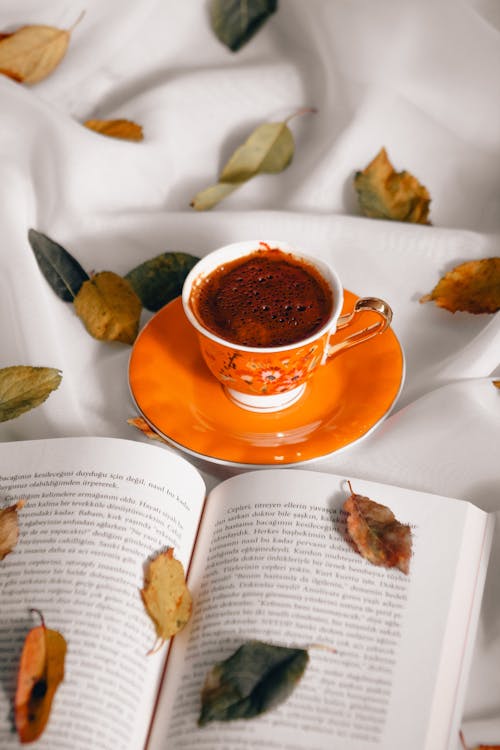 Coffee and Book Among Leaves 
