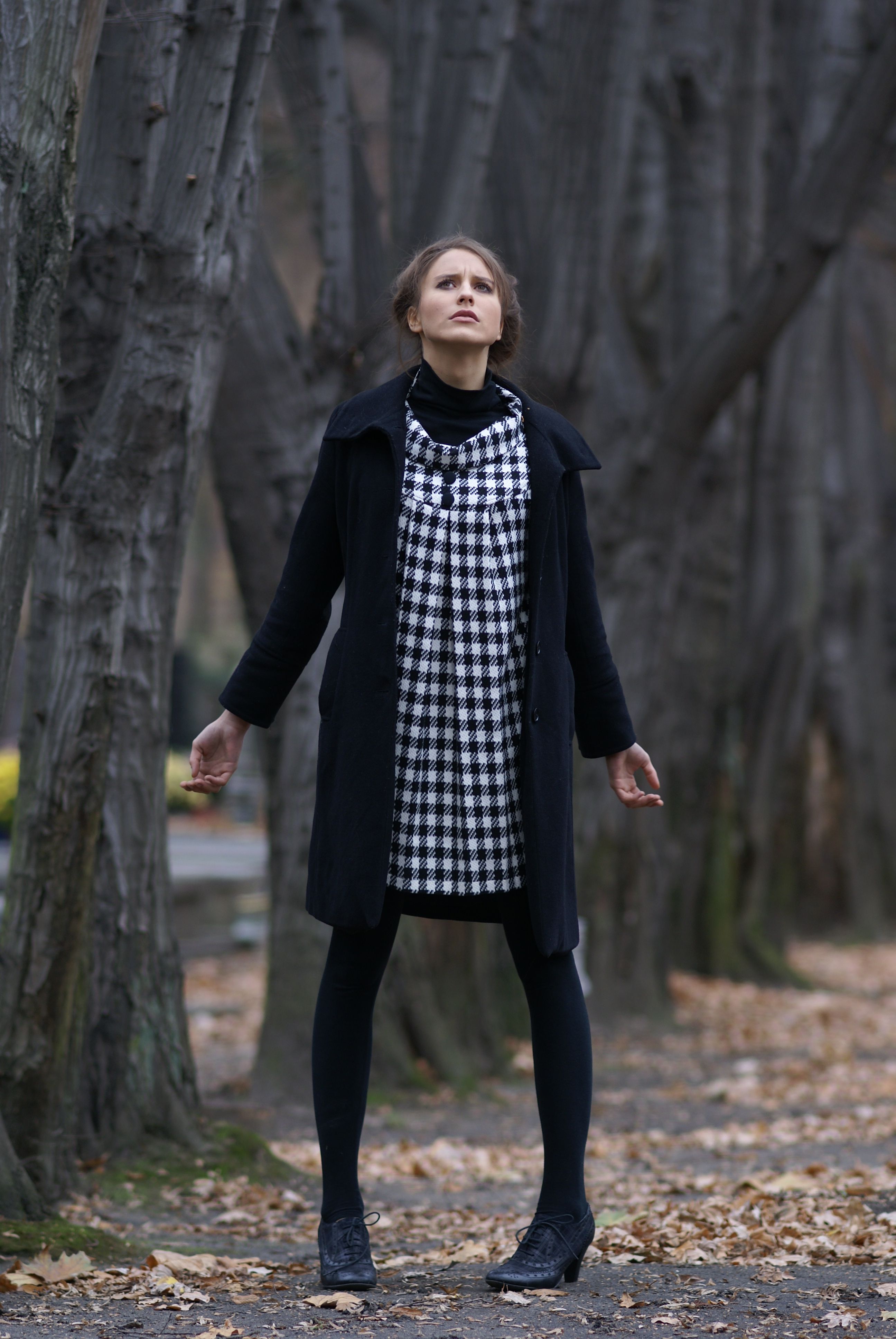 A woman in a black and white dress and coat · Free Stock Photo