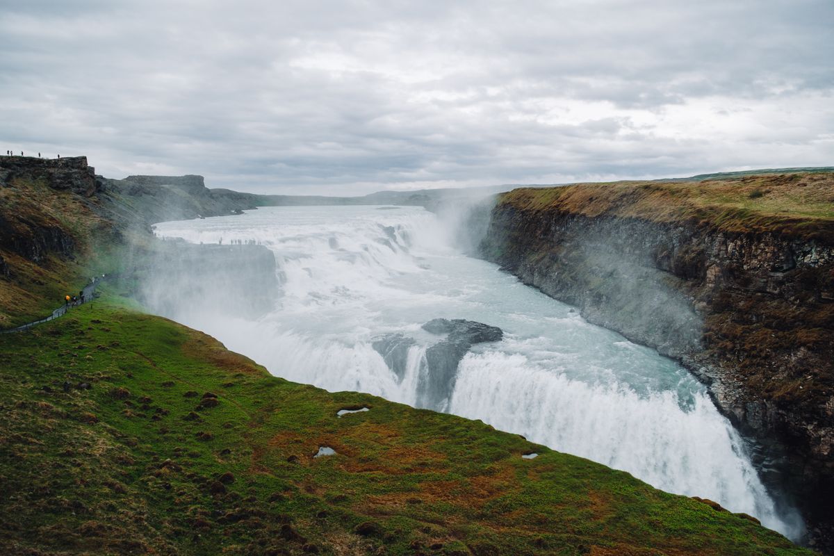 The Gullfoss waterfall in Iceland seen close up with spray
