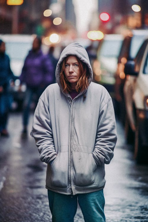 A woman in a hoodie standing on a street