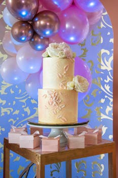 A beautifully decorated two-tier cake with flowers and balloons, perfect for elegant celebrations.