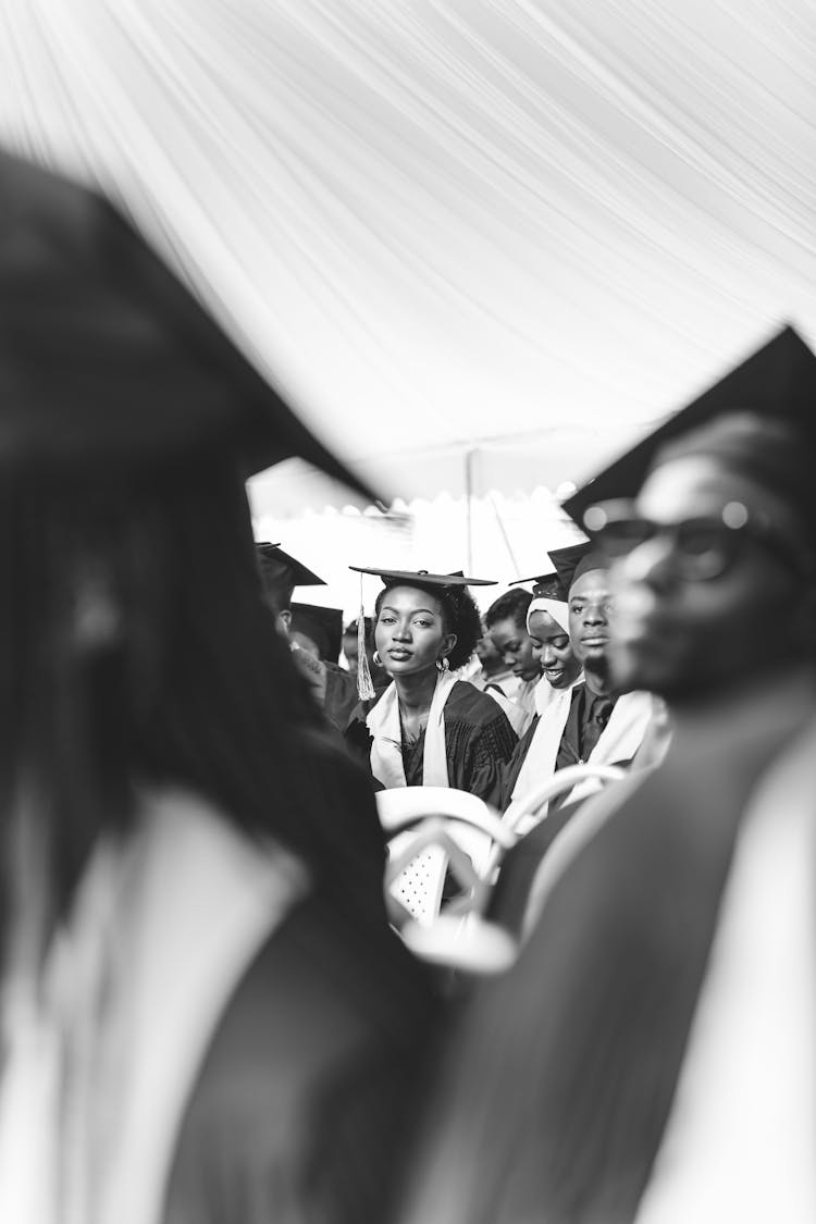 People On A Graduation Day In Black And White 