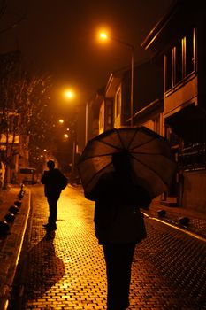 Silhouetted figures with umbrellas on a moody, wet city street at night.