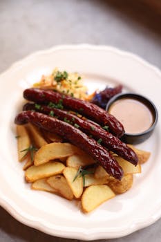 A savory dish featuring sausages, potato wedges, and sauce on a white plate.
