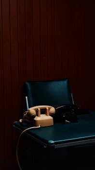 Moody vintage office scene with two classic telephones on a desk against a dark wood backdrop.