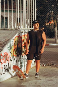 Man in sportswear enjoying a sunny day at a graffiti-covered skate park.