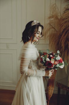 A bride in an elegant wedding dress holding a colorful bouquet indoors.