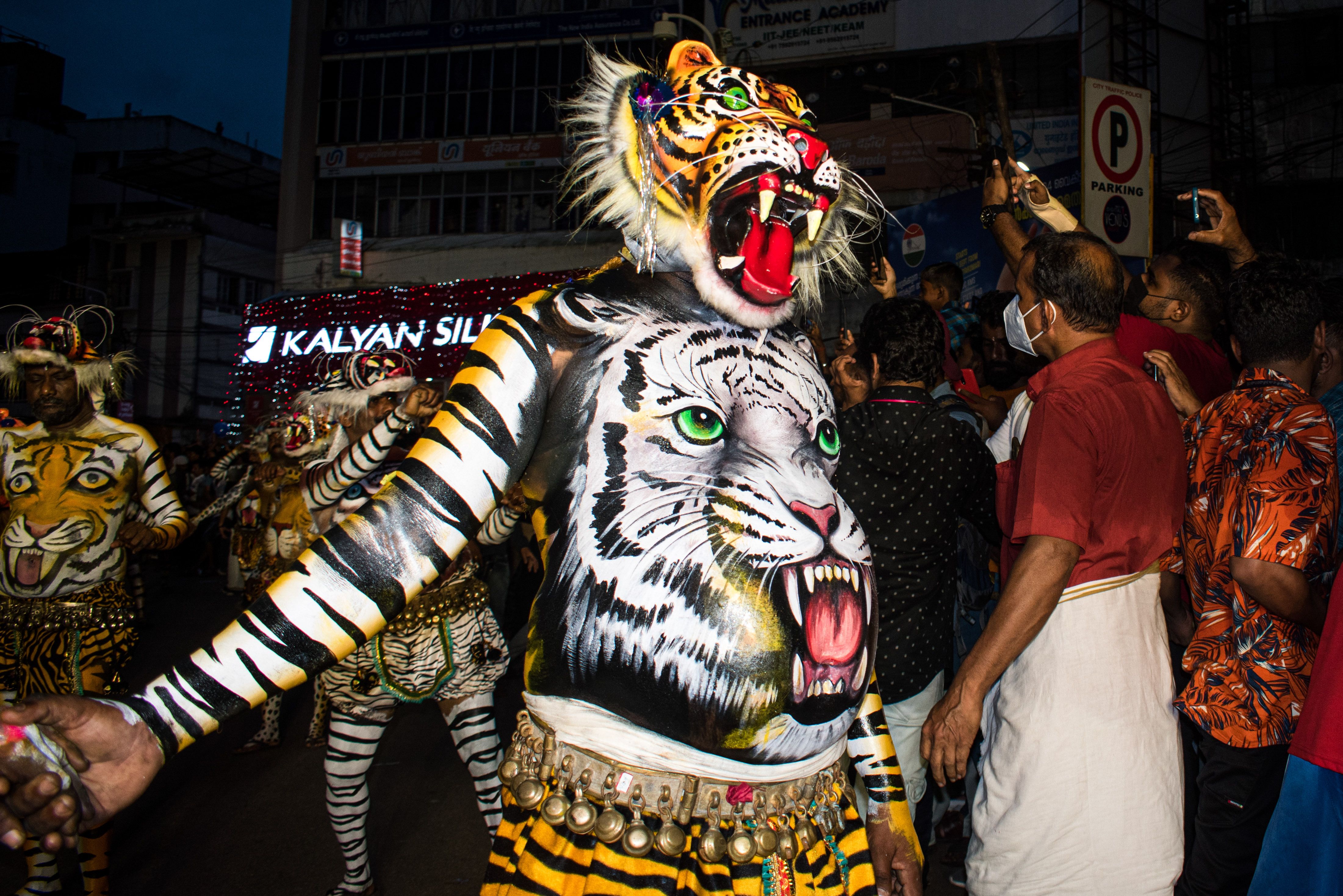 Colorful night festival featuring painted tiger costumes and vibrant performances captured in a lively street setting.