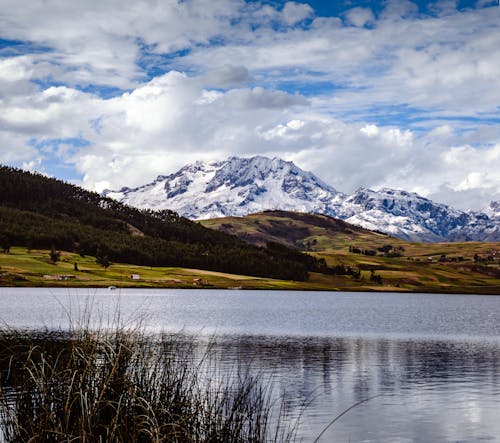 Scenic View of a Lake, Mountains Covered in Trees and Snowcapped Mountains 