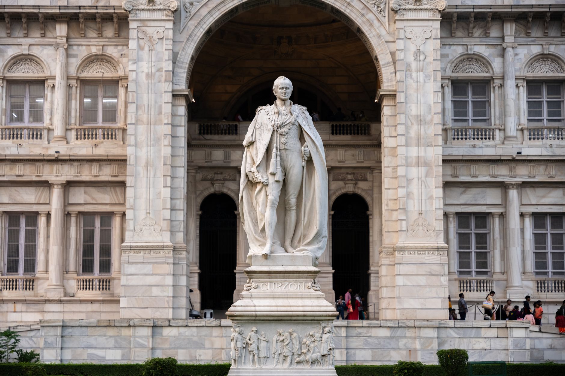 Statue of Lord Curzon at Victoria Memorial in Kolkata, architectural grandeur.